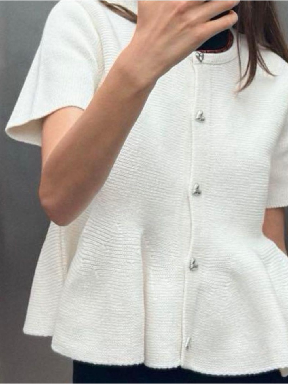 Zara Short-Sleeve Textured Peplum Button Cardigan
